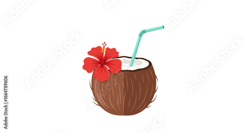 Refreshing tropical coconut cocktail served in a natural shell, garnished with a vibrant red hibiscus flower and a straw for a taste of paradise