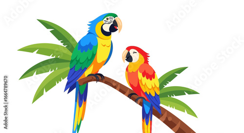 Vibrant illustration of two colorful tropical macaws, a blue-and-yellow and a red-and-yellow, perched on a palm tree branch, showcasing their exotic beauty