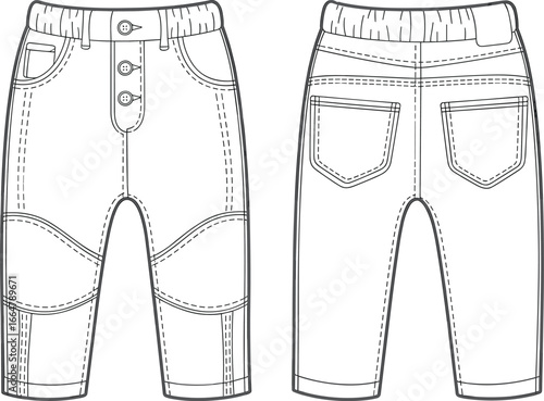 Children's casual knee-length pants fashion flat sketch, professional CAD drawing flat vector illustration template, essential kids' wear bottoms mockup for technical design, front and back views.