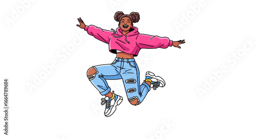 Joyful Young Woman in Stylish Outfit Jumping High with Arms Outstretched, Isolated on White