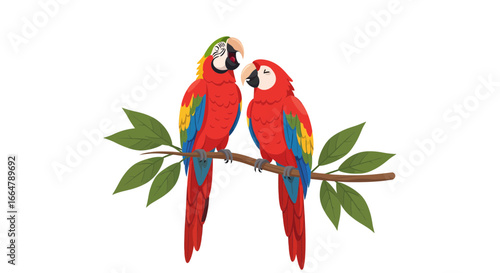 A charming illustration of two vibrant scarlet macaw parrots perched lovingly on a leafy tree branch