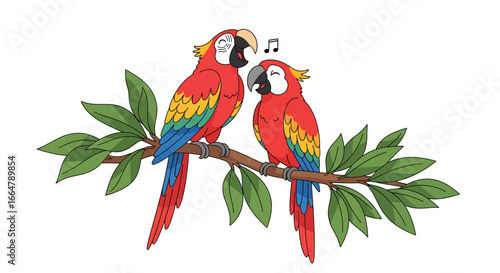 Vibrant Parrots Serenade Amidst Verdant Foliage on a Branch