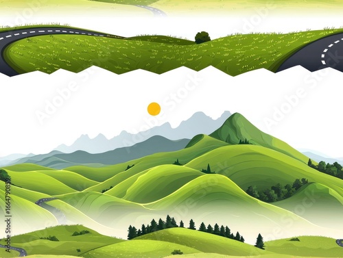 A winding mountain road with dashed lane lines, clipart-style on transparent background, stylized green hills and smooth curves.  