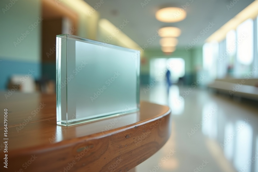 Fototapeta premium Menu glass frame standing on wood table on reception background. Space for text marketing promotion. AI