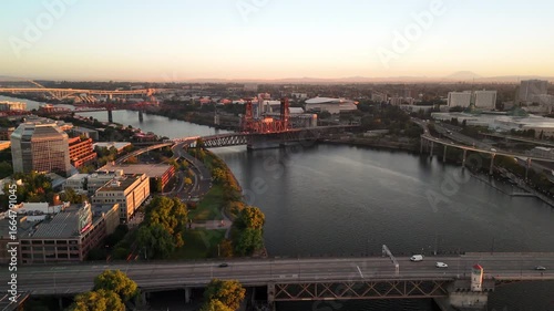 Aerial Drone Video of Sunrise Over Portland Oregon Skyline with Willamette River