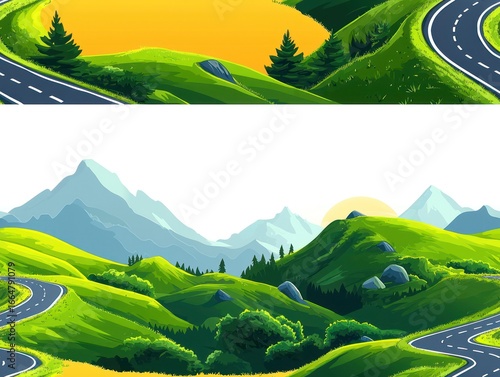 A winding mountain road with dashed lane lines, clipart-style on transparent background, stylized green hills 