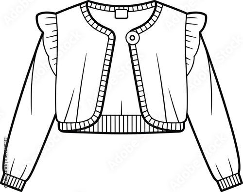 Cropped Cardigan Jacket Flat Sketch Technical Drawing Vector Illustration CAD, Fashion Apparel Design Template with Long Sleeves and Ruffle Shoulders