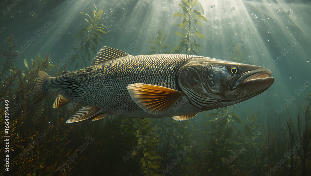 Fototapeta premium A large, gray fish swims through underwater vegetation, sunlight streams down.