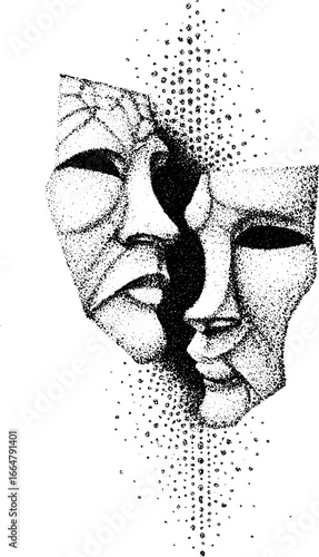 Stippling dotwork illustration of comedy tragedy masks in halftone style for design use