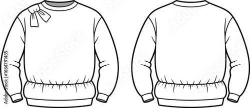Feminine oversized sweatshirt fashion flat sketch, professional CAD drawing flat vector illustration template, essential women's mockup with shoulder bow detail, cinched hem, a must-have.