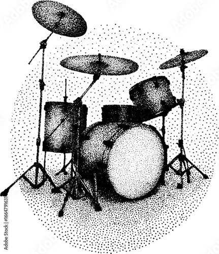 Stippling dotwork drum set illustration with vintage halftone effect for music design