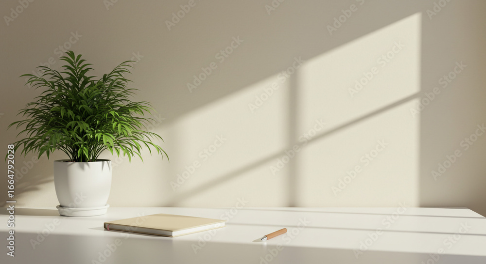 Fototapeta premium Serene workspace featuring stylish plant, notebook, and pen bathed in soft sunlight ambiance