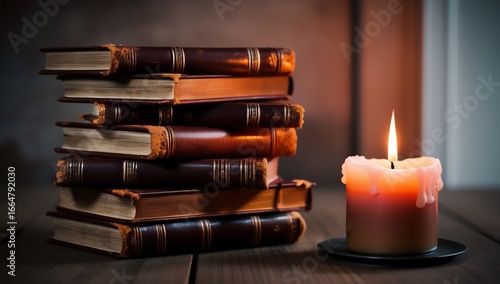 Antique Books Candlelight Still Life.