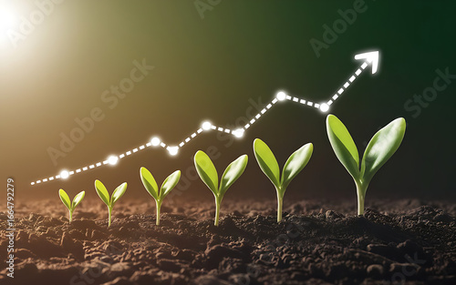 digital illustration depicts young green seedlings emerging from dark soil, symbolizing growth and progress, with a white, dotted line graph representing success and potential.