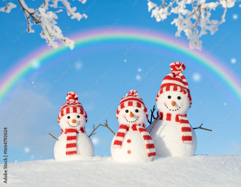 Fototapeta premium three adorable snowmen of varying sizes standing on a snowy hill