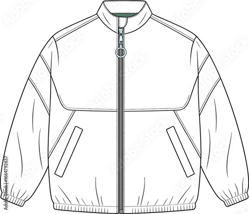 Oversized track windbreaker jacket fashion flat sketch, professional CAD drawing flat vector illustration template, essential sportswear apparel mockup for technical design, a must-have piece.