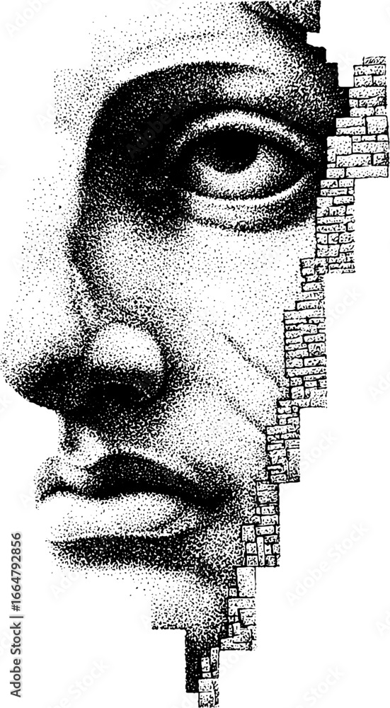 Obraz premium Roman sculpture stipple art with brick detail in vertical design for posters
