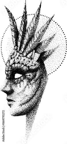 Intricate stippling dotwork portrait of venetian mythological figure - design for tattoo or poster