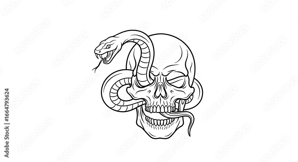 Fototapeta premium Skull and Snake Illustration - A Striking Symbol of Mortality and Transformation