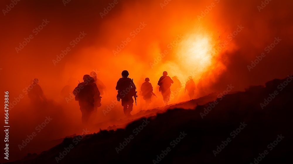 Fototapeta premium Silhouetted Heroes Advancing Through Fiery Terrain Amid Smoke and Flames
