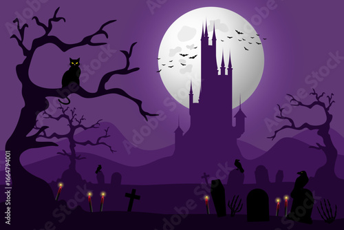 Halloween background. Halloween wallpaper. Halloween poster. Purple and black color with castle, full moon, trees, graves, candles, crows, cat, bats, landscape for cards, banner, pattern, design,decor