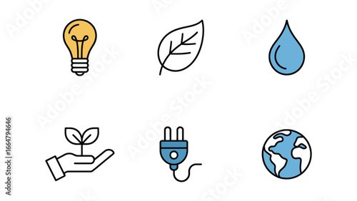 eco friendly illustration with energy water plant plug leaf and globe icons for sustainability
