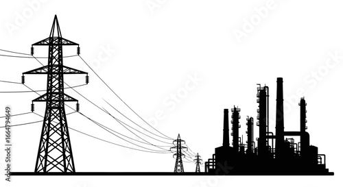 highvoltage power transmission lines and refinery silhouette transparent background png for industrial design projects