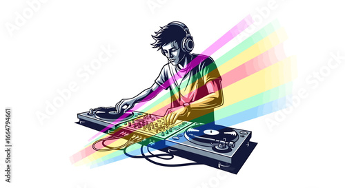 Vibrant DJ illustration with colorful light streaks over turntables
