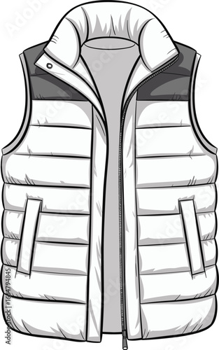 White Puffer Vest, Winter Fashion, Sleeveless Jacket, Cold Weather Outerwear, Stylish Apparel, CAD Drawing, Flat Vector Illustration, Zipper Design, Quilted Vest, Fashion CAD,