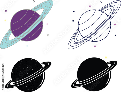 Celestial bodies with rings and stars planet saturn, transparent background.