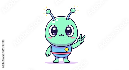 Charming cartoon alien character with big sparkling eyes and a cheerful peace sign gesture, radiating friendly vibes and intergalactic cuteness on a white background