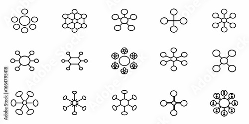 Collection of fifteen molecule diagrams with varying structures and arrangements shown in black outline