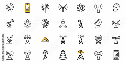 Illustration of communication and broadcast towers with mobile phone and atom icons in a grid layout