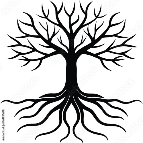 Stylized black tree with exposed roots and branches white. Silhouette, Nature, Organic.