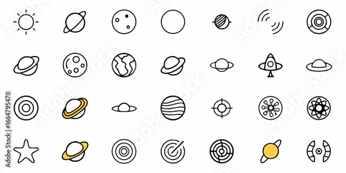 Collection of space themed doodle icons including planets sun star and ufo in a simple line art style