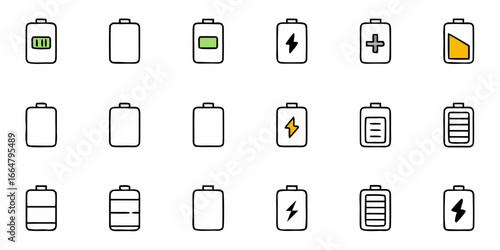 Illustration of various battery icons with different charge levels and symbols on a white background design