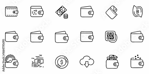 Collection of outline style wallet icons with money, bitcoin, qr code and cloud download symbol shown