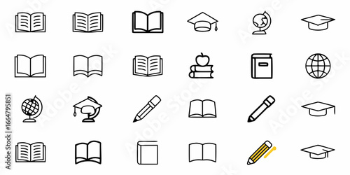 Illustration showcasing education related icons including books globes graduation caps and pencils in black lines