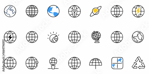Collection of various globe icons including earth with continents and meridians and planet with ring 100