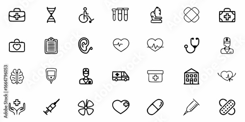 Collection of medical icons featuring healthcare symbols and equipment in a doodle style design set