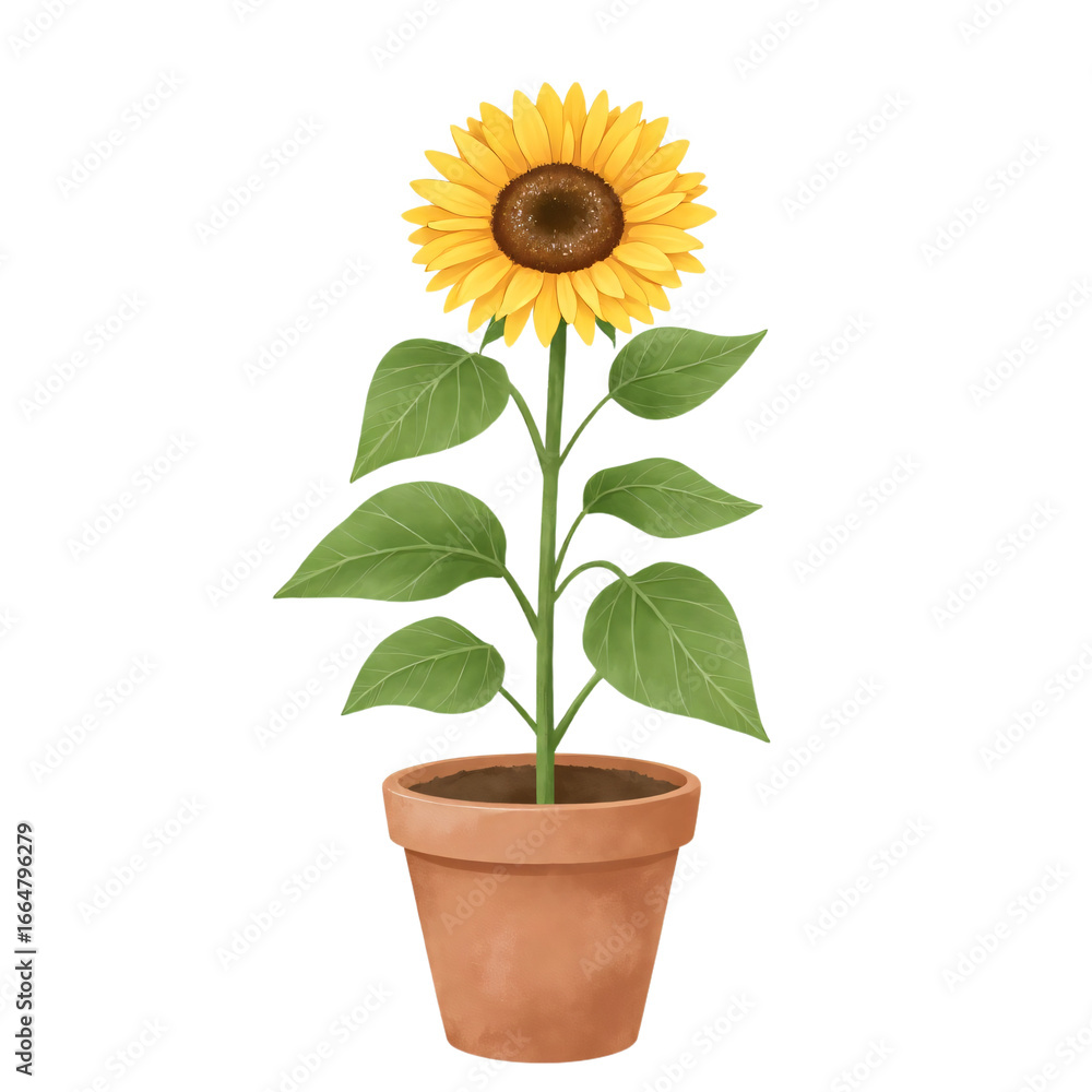 Obraz premium Minimal flat illustration of a single sunflower in a clay pot isolated on white background without shadow
