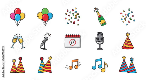 Festive Celebration Icons: Colorful Party Elements for Special Occasions and Joyful Events Design, Featuring Balloons, Confetti, and Decorations