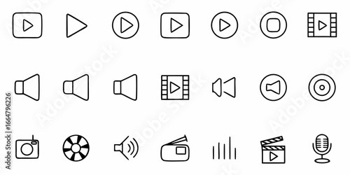 Outline icons representing media player controls such as play, pause, volume, and recording elements