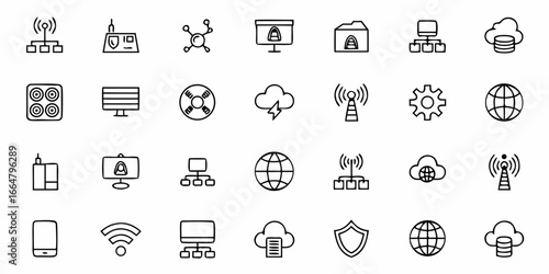 Collection of network and technology icons including cloud computing and global connectivity vector set