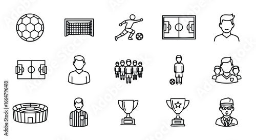 Soccer themed outline icon set showcasing players, fields, ball, stadium and referee portraying elements of the game and its participants