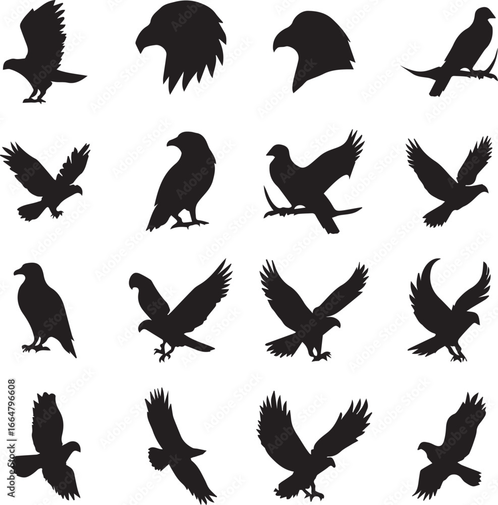 Obraz premium Bird silhouette icon set, collection of flying and perched bird symbols in black isolated on white background, simple vector illustrations for wildlife, freedom, nature, or decorative design 