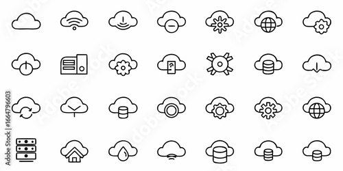 Collection of cloud computing icons representing various services and functionalities online storage and network