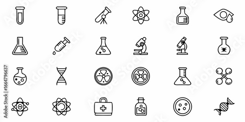 Collection of science and medical icons featuring lab equipment and healthcare symbols in outline style
