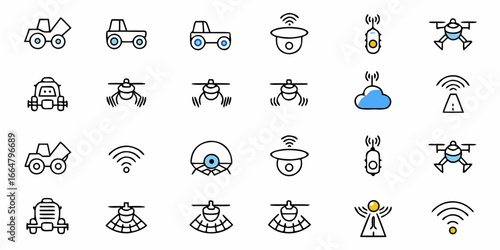 Illustration of various autonomous vehicles, drones, sensors, and wireless communication icons set in rows