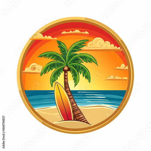 Golden Sunset Beach Circle Emblem with Surfboard